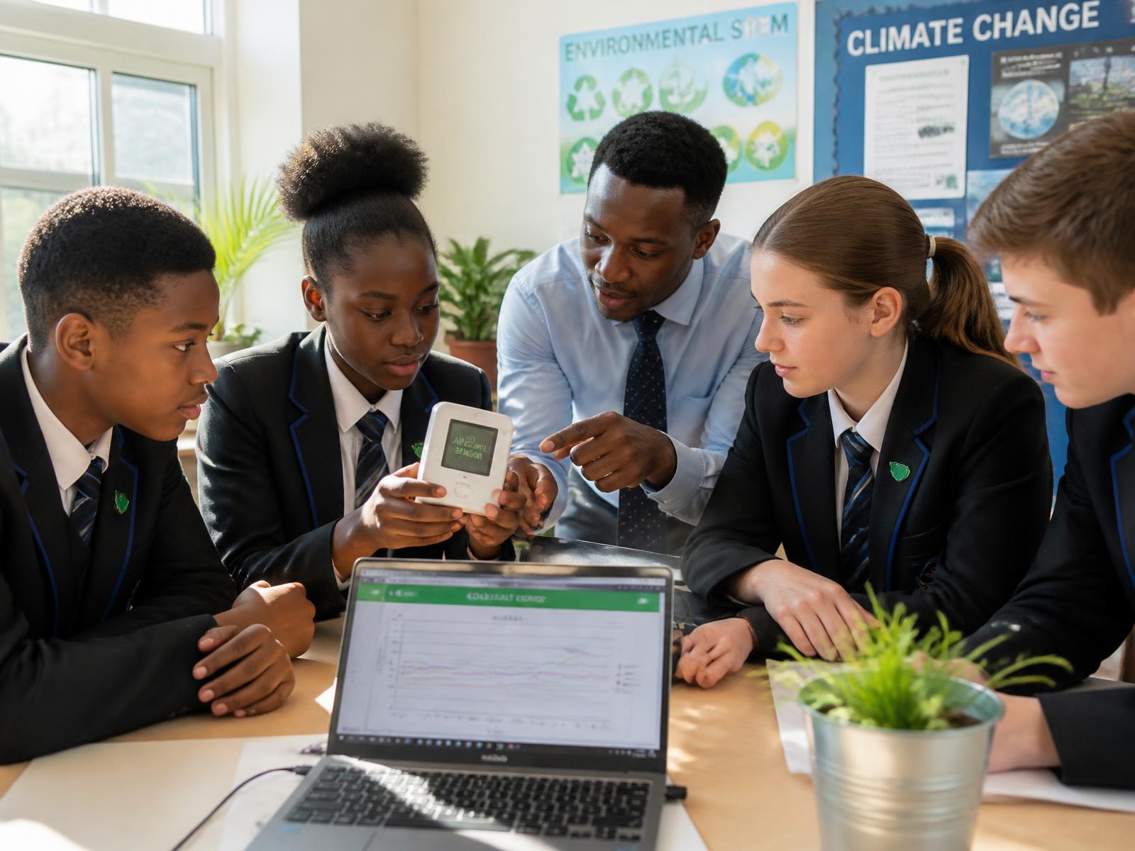 Students and a teacher studying air-quality data with a sensor and laptop in a classroom
